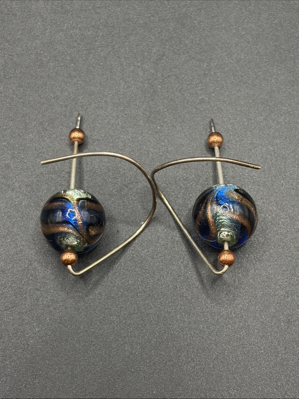 Handmade Art Glass Wire Wrap Artisan Geometric Abstract Drop Earrings, Jewelry